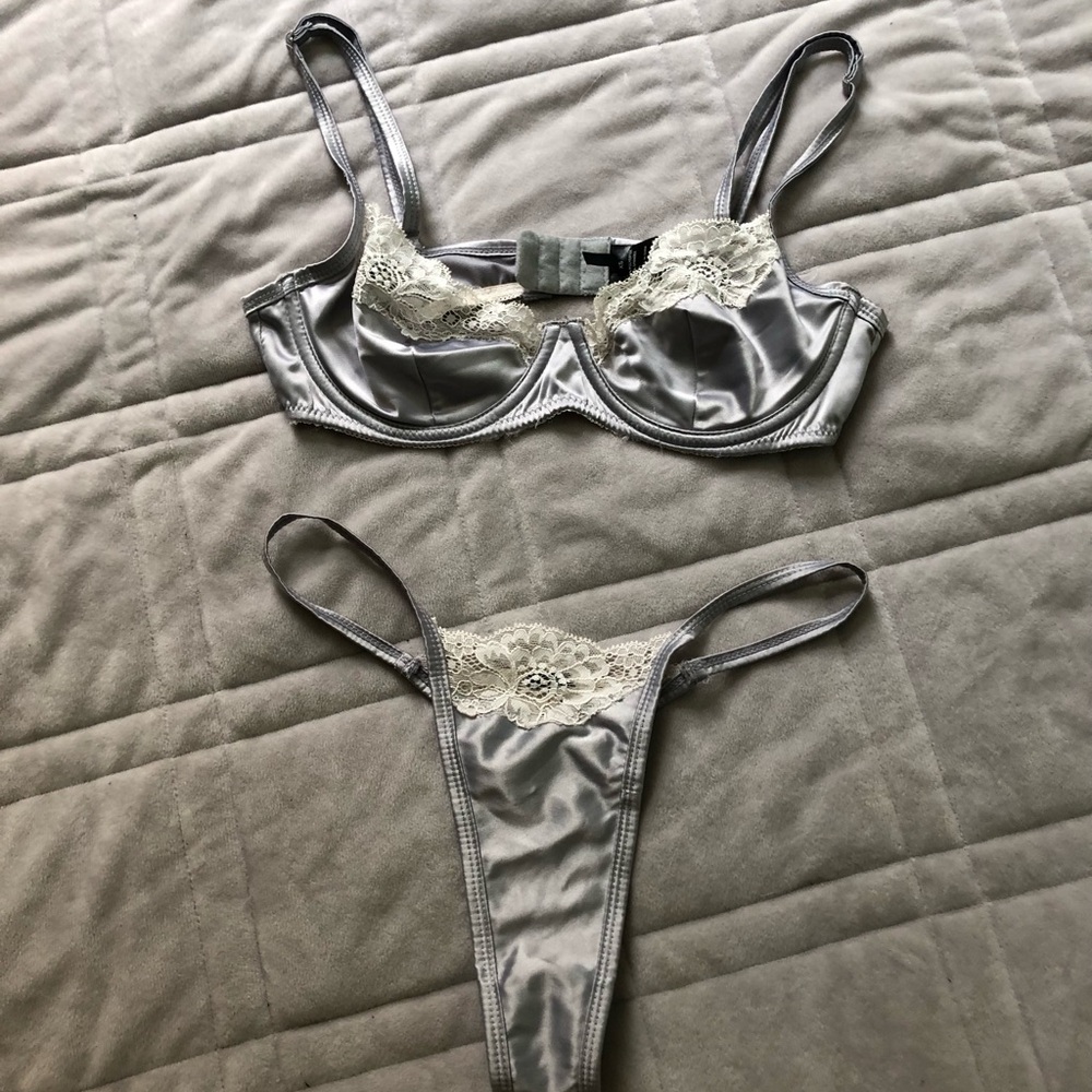 Fashion Nova Silver Satin Lace Bra & Thong Set